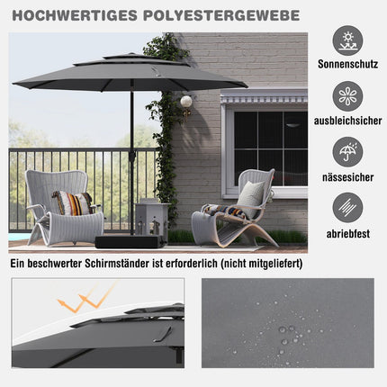 Parasol de terrasse résistant au vent, 300 cm, inclinaison par manivelle, gris