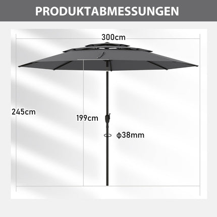 Parasol de terrasse résistant au vent, 300 cm, inclinaison par manivelle, gris