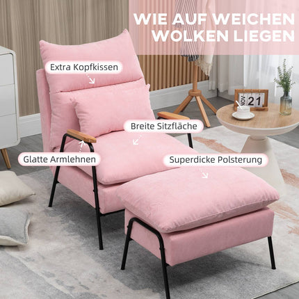 Ohrensessel mit Hocker, kippbarer Rückenlehne, rosa Polsterung
