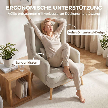 Ohrensessel, Leinen-Optik Beige, Lendenkissen