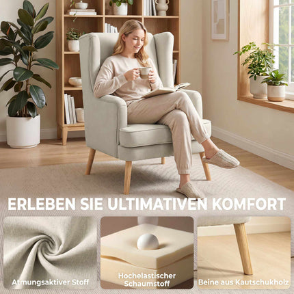 Ohrensessel, Leinen-Optik Beige, Lendenkissen