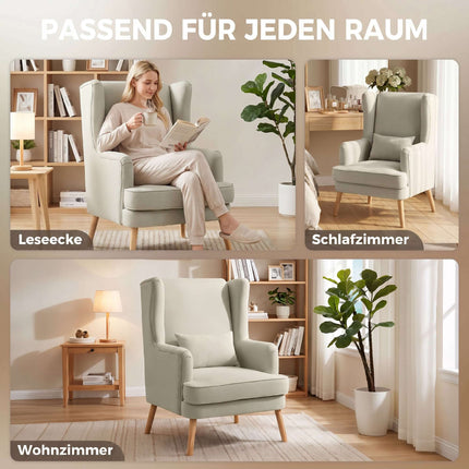 Ohrensessel, Leinen-Optik Beige, Lendenkissen
