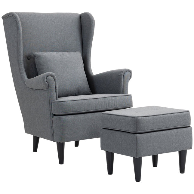 Fauteuil à oreilles avec pouf, tissu gris, pieds en hévéa