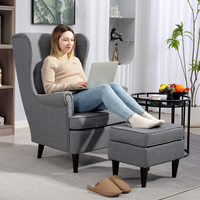 Fauteuil à oreilles avec pouf, tissu gris, pieds en hévéa