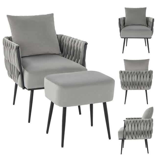 Fauteuil à oreilles avec tabouret avec coussin moelleux dossier tressé 58 cm profondeur d'assise gris