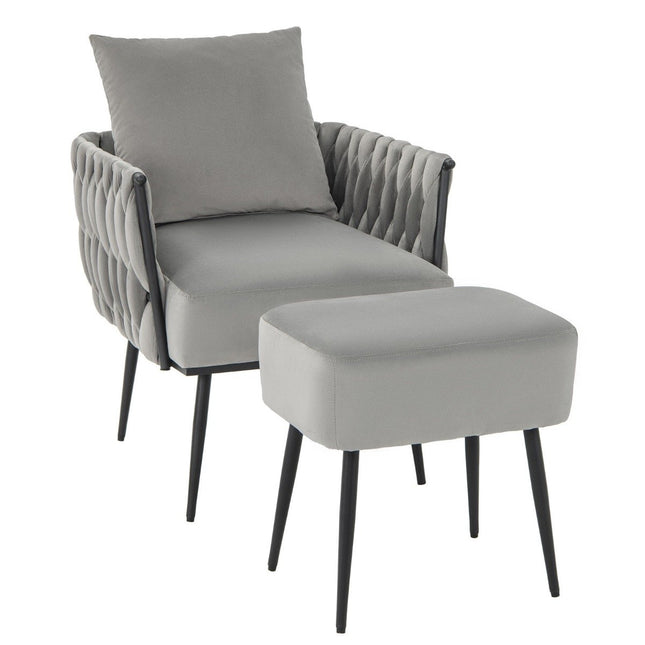 Fauteuil à oreilles avec tabouret avec coussin moelleux dossier tressé 58 cm profondeur d'assise gris
