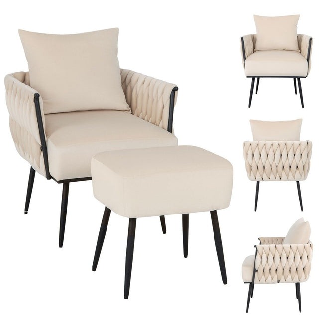 Fauteuil à oreilles avec tabouret avec coussin moelleux dossier tressé 58 cm profondeur d'assise blanc