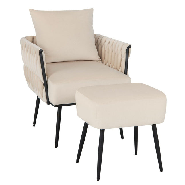 Fauteuil à oreilles avec tabouret avec coussin moelleux dossier tressé 58 cm profondeur d'assise blanc