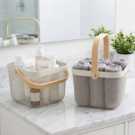 Wire Storage Baskets with Bamboo Handles, Set of 2, Beige