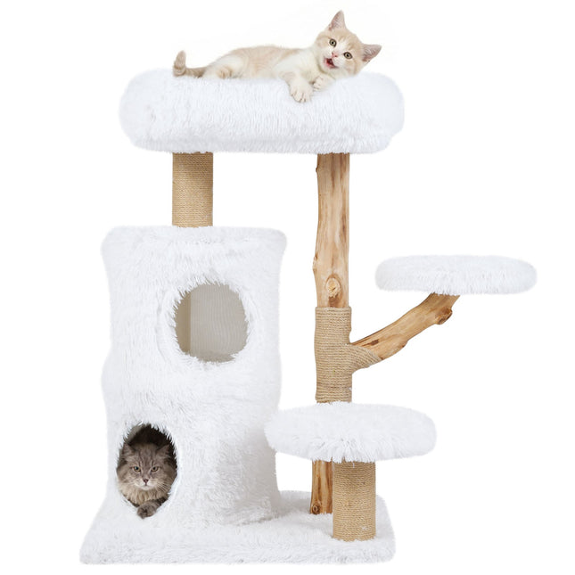 Arbre à chat en bois avec plateformes moelleuses et maison pour chat à 2 niveaux