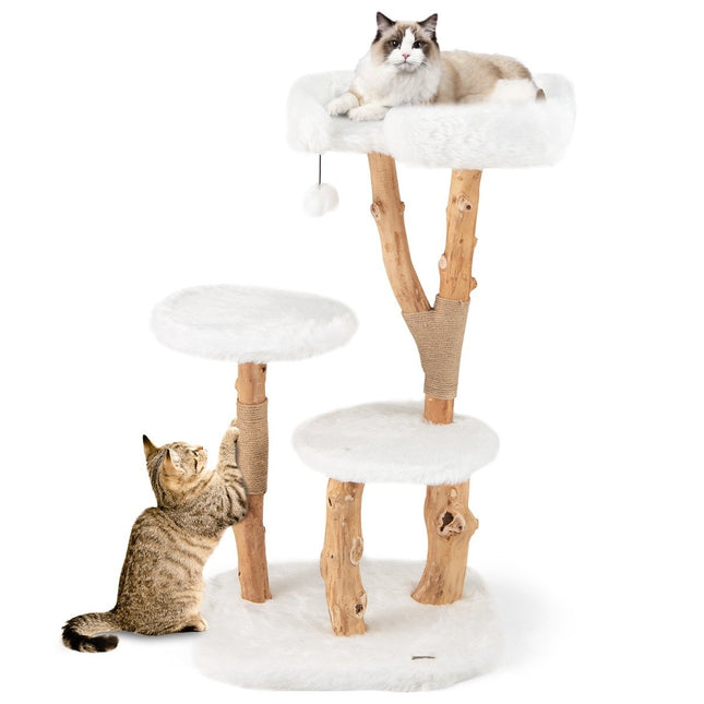 Arbre à chat en bois avec siège en peluche, 2 plateformes et poteaux en jute