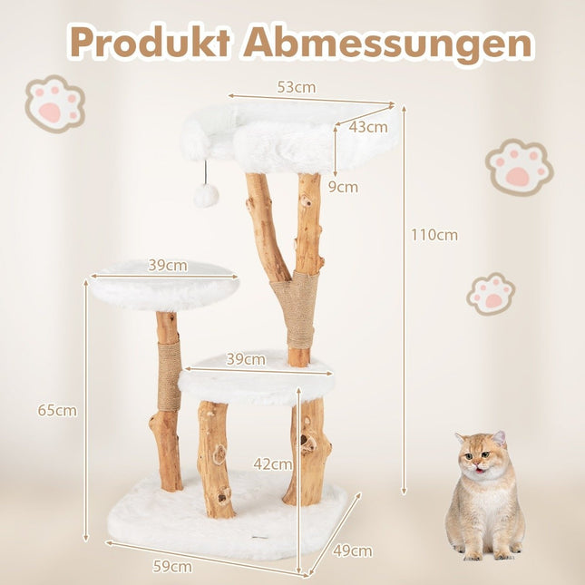 Arbre à chat en bois avec siège en peluche, 2 plateformes et poteaux en jute