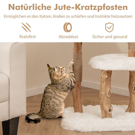 Arbre à chat en bois avec siège en peluche, 2 plateformes et poteaux en jute