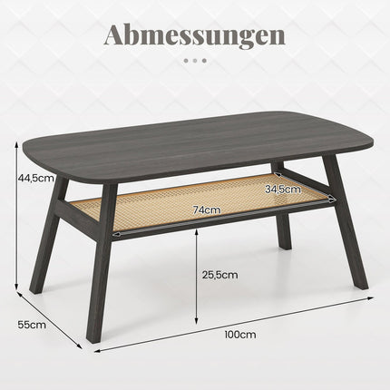 Couchtisch aus Holz mit Rattankorb, 2-stufig, 100x55x44,5 cm
