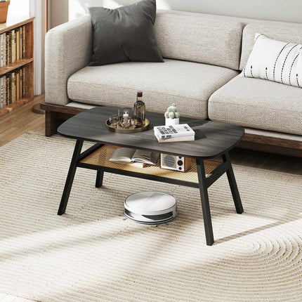 Couchtisch aus Holz mit Rattankorb, 2-stufig, 100x55x44,5 cm