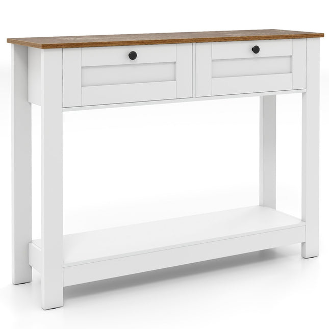 Console en bois avec 2 tiroirs et étagères, blanche
