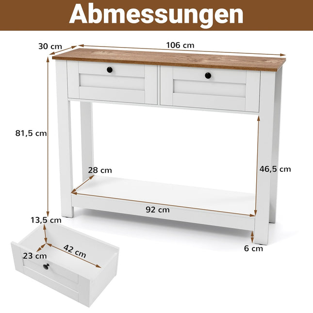 Console en bois avec 2 tiroirs et étagères, blanche