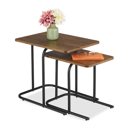 Tables gigognes effet bois, lot de 2, pieds en métal noir