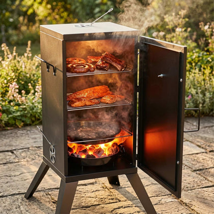 Fumoir en acier inoxydable à bois, noir – Cuisson à 2 niveaux