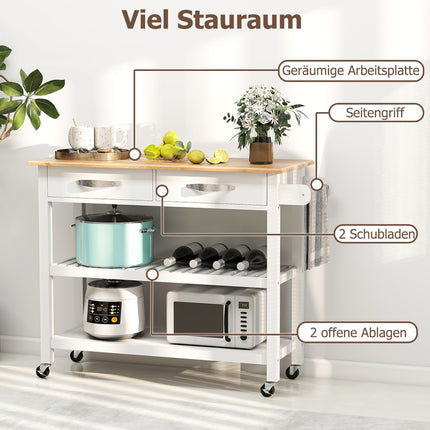 Chariot de cuisine en bois avec plan de travail, 2 tiroirs et étagères