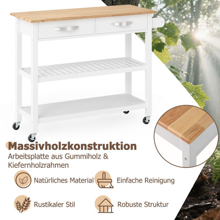 Chariot de cuisine en bois avec plan de travail, 2 tiroirs et étagères