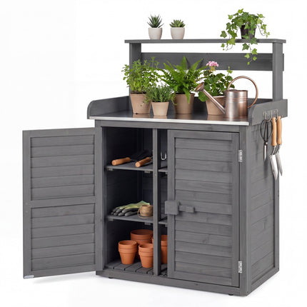 Werkbank aus Holz mit Edelstahlplatte und Regalen