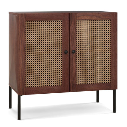 Buffet en bois avec portes en rotin et étagères réglables
