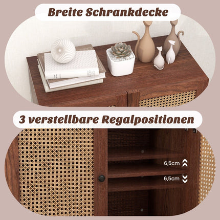 Buffet en bois avec portes en rotin et étagères réglables