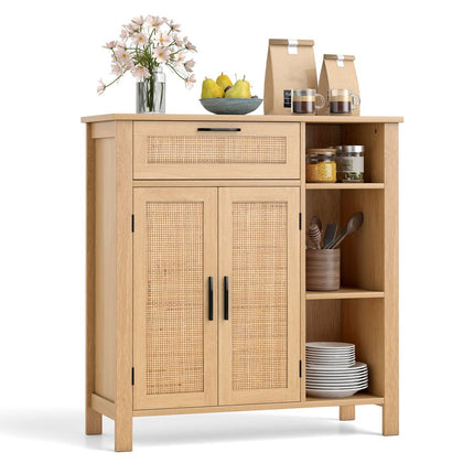 Sideboard aus Holz mit Rattantüren und -schubladen, verstellbare Einlegeböden