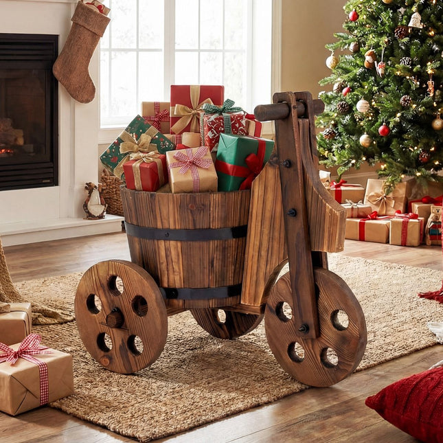 Chariot à plantes triporteur en bois – Tonneau en sapin avec trou de drainage