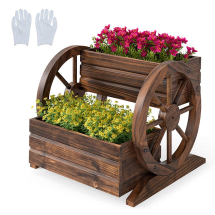 Holz-Wagen-Pflanzkasten, 2-stufig, Räder, Drainagelöcher