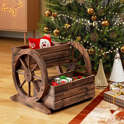 Holz-Wagen-Pflanzkasten, 2-stufig, Räder, Drainagelöcher