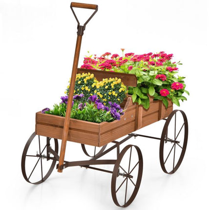 Jardinière en bois en forme de chariot avec roues, 2 compartiments de plantation