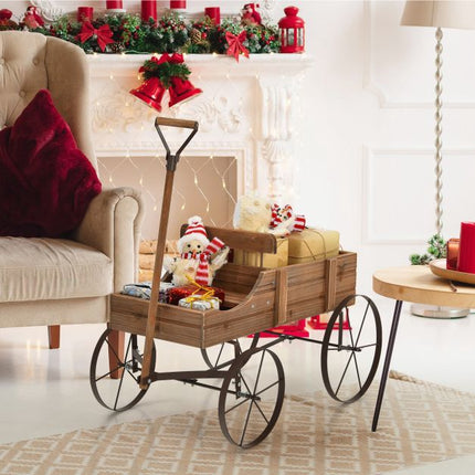 Jardinière en bois en forme de chariot avec roues, 2 compartiments de plantation