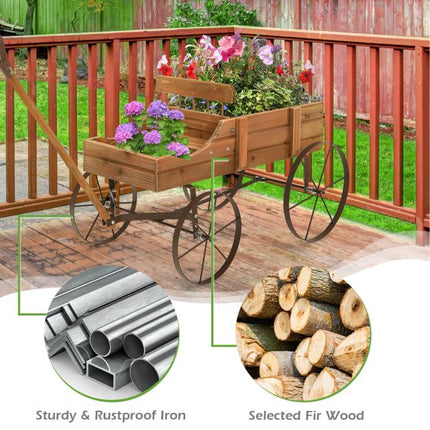 Jardinière en bois en forme de chariot avec roues, 2 compartiments de plantation