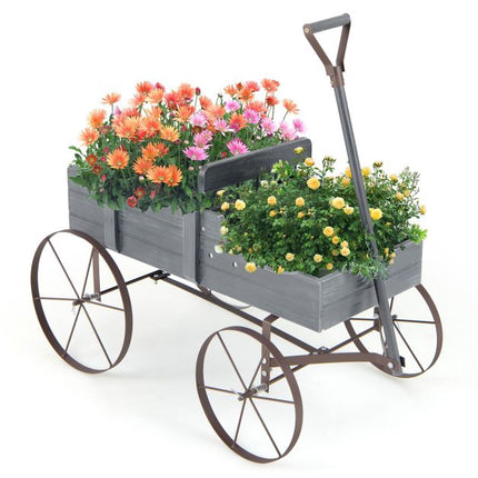 Jardinière en bois en forme de chariot avec roues, 2 sections, grise