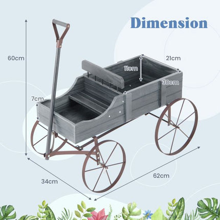 Jardinière en bois en forme de chariot avec roues, 2 sections, grise