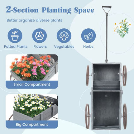 Jardinière en bois en forme de chariot avec roues, 2 sections, grise