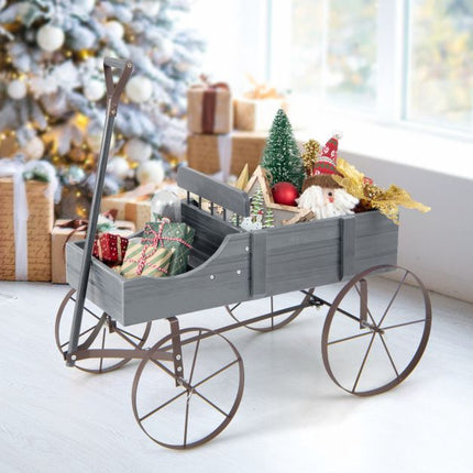 Jardinière en bois en forme de chariot avec roues, 2 sections, grise