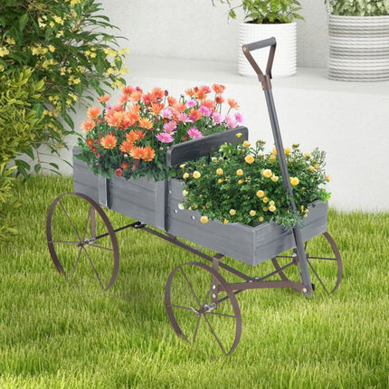 Jardinière en bois en forme de chariot avec roues, 2 sections, grise
