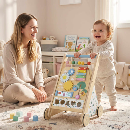 Trotteur en bois pour bébé avec vitesse réglable et centre d'activités