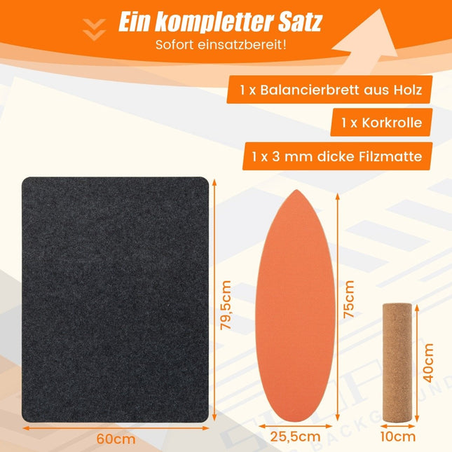 Balance Board aus Holz, Wackelbrett mit Rad &amp; Decke, 3-in-1 Balance Board Kit, Orange