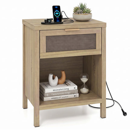 Nachttisch aus Holz mit Schublade und Ladestation
