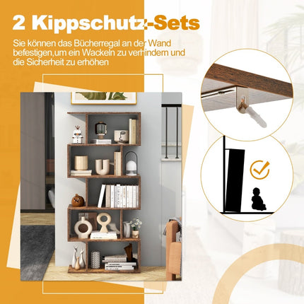 Étagère en bois à 5 niveaux avec système anti-basculement et design en forme de S