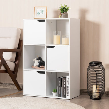 Bibliothèque en bois avec portes, 6 compartiments, blanche