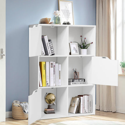 Bibliothèque en bois avec portes, 6 compartiments, blanche