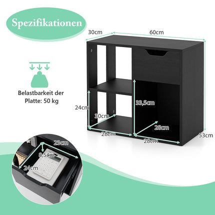 Bücherregal aus Holz mit Schublade und 3 Fächern, Schwarz