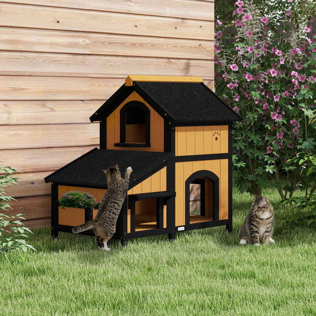 Katzenhaus aus Holz für draußen, 2-stöckig, Bitumendach, gelb