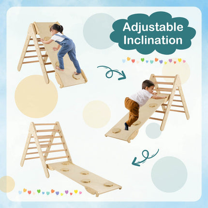 Ensemble triangulaire d'escalade en bois avec rampe de toboggan réversible