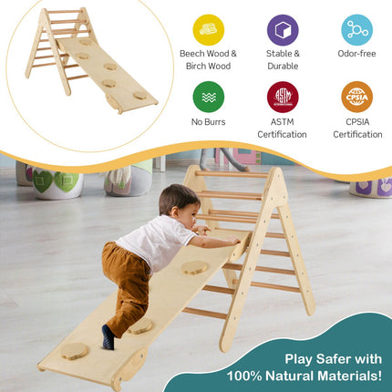 Ensemble triangulaire d'escalade en bois avec rampe de toboggan réversible